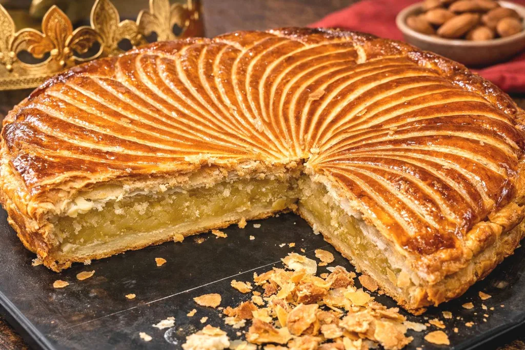 Galette des rois frangipane avec une part coupée suyr un plateau noir