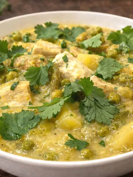 Curry vert de poulet Thaï dans une assiette creuse blanche