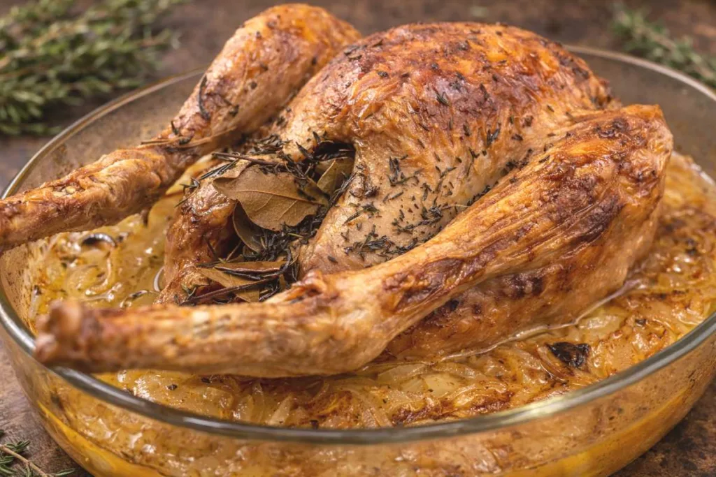 Poularde rôtie au four dans un plat transparent