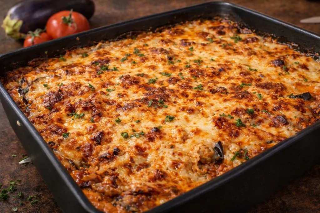 Moussaka grecque facile dans un plat à gratin noir