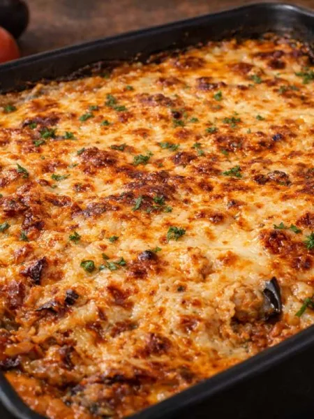 Moussaka grecque facile dans un plat à gratin noir