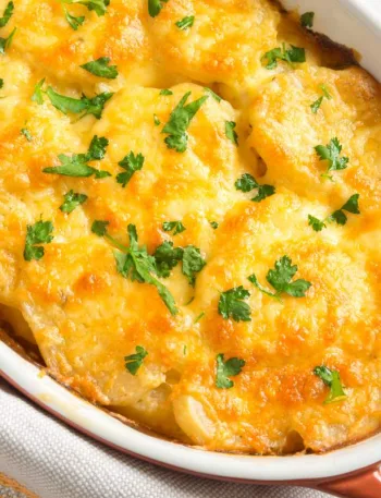 Gratin de légumes anciens au fromage dans un plat blanc
