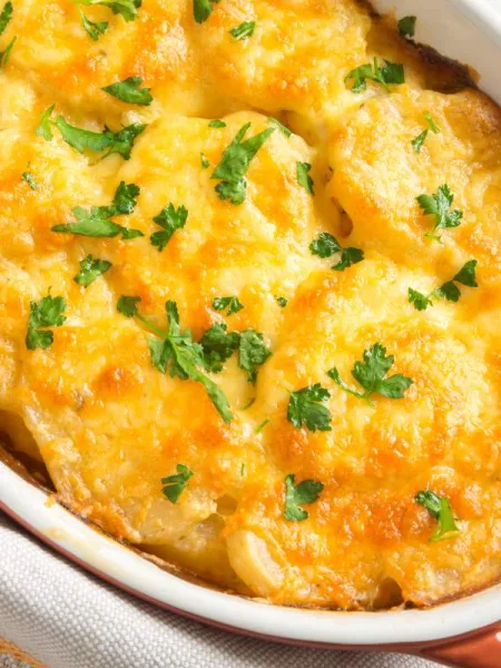 Gratin de légumes anciens au fromage dans un plat blanc
