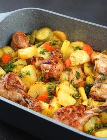 Poulet rôti au paprika fumé avec pommes de terre, carottes et courgettes au four