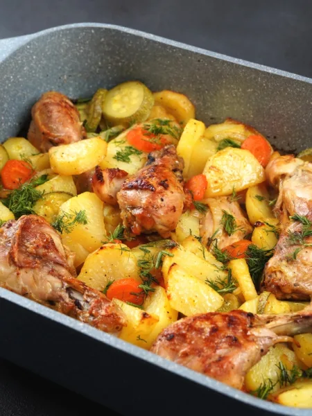 Poulet rôti au paprika fumé avec pommes de terre, carottes et courgettes au four
