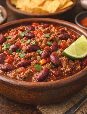 Chili con carne dans un plat en terre cuite marron avec des ingrédients et des nachos autour.