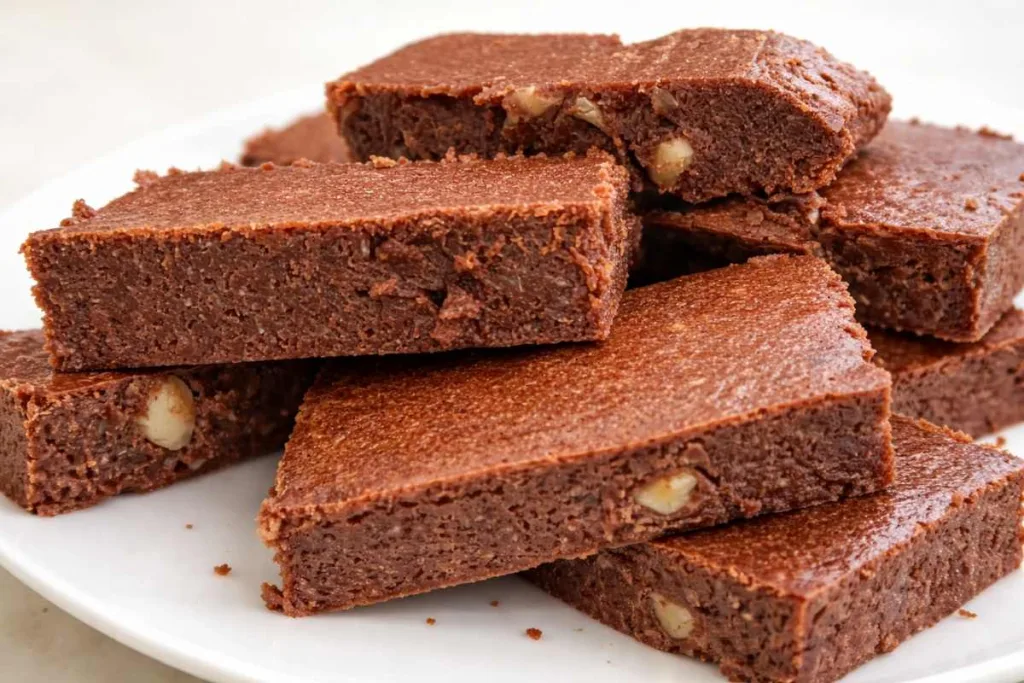 Brownies coupés en carrés empilés sur une assiette blanche
