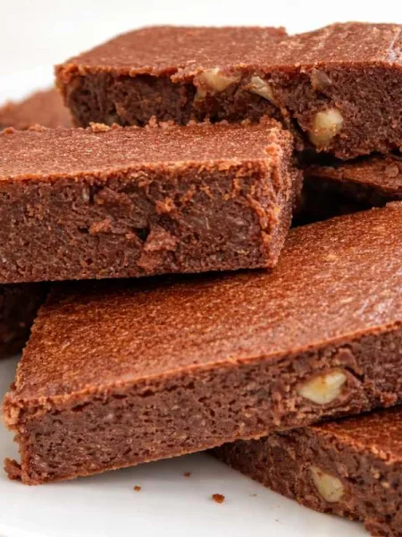 Brownies coupés en carrés empilés sur une assiette blanche