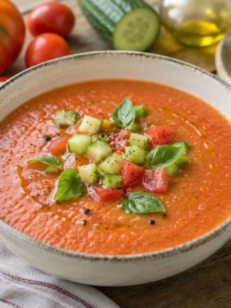 Gaspacho maison bien frais dans une assiette creuse avec une cuillère à soupe à côté
