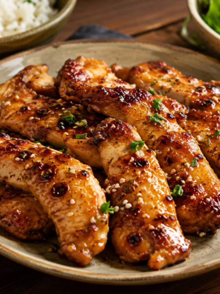 Délicieux filets de poulet au barbecue posés sur une assiette.