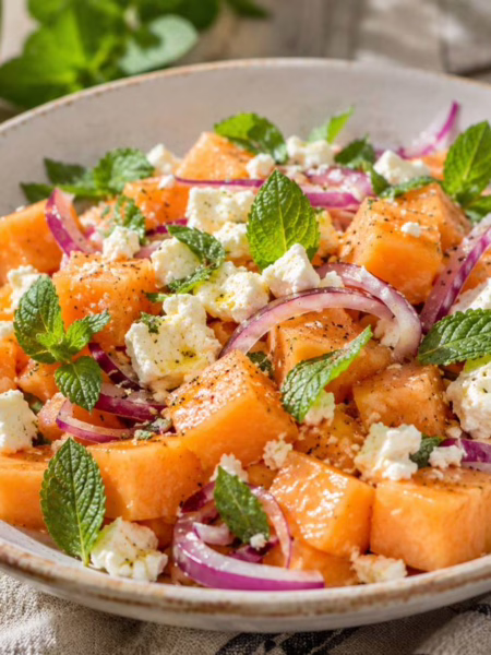 Salade melon feta menthe dans une assiette en grès