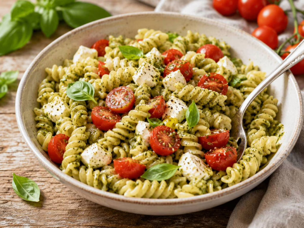 Salade de pâtes froide pesto, tomates et mozzarella