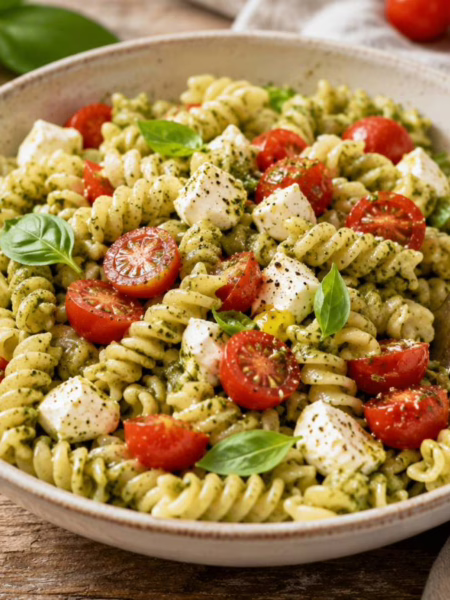 Salade de pâtes froide pesto, tomates et mozzarella