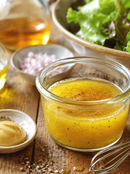 Vinaigrette maison classique, rapide et équilibrée, avec huile d’olive, vinaigre, moutarde et poivre. La base facile pour réussir toutes vos salades.